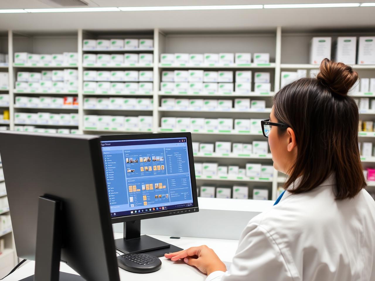 Farmacista al banco con monitor del gestionale