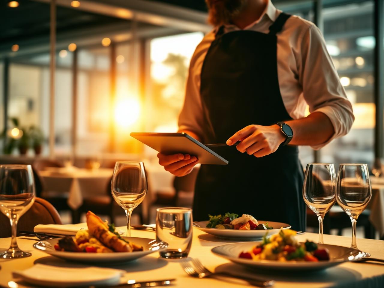 Cameriere con tablet nella sala di un ristorante