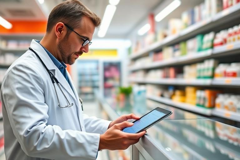 Farmacista cerca rapidamente informazioni farmaco su un tablet