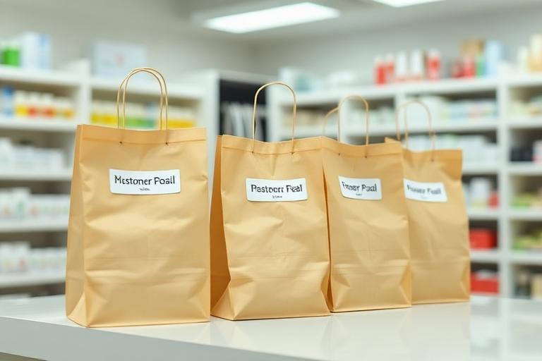 Sacchetti di carta con etichetta cliente pronti per il ritiro in farmacia