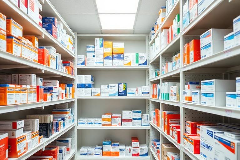Scaffali del magazzino farmacia con scatole di medicinali ordinate