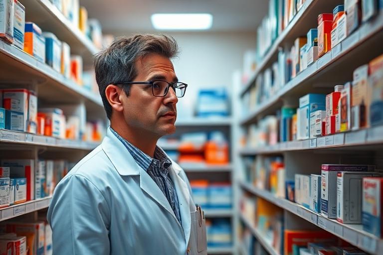 Farmacista cerca un farmaco tra gli scaffali del magazzino