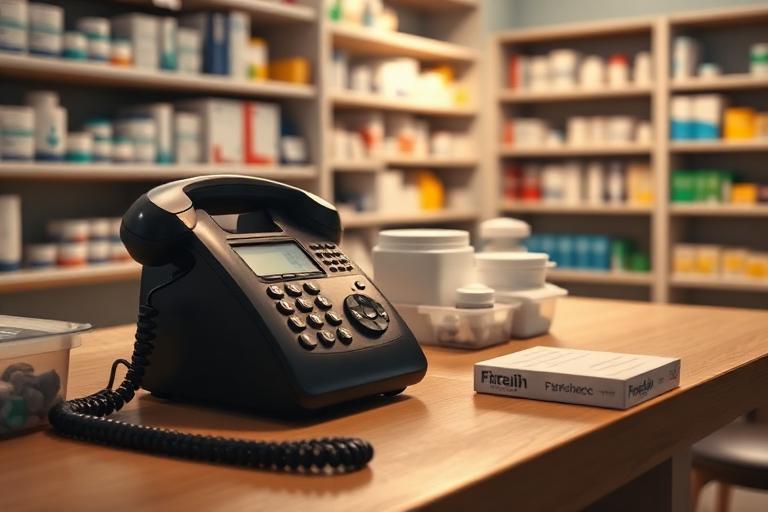 Telefono fisso sul bancone di una farmacia tra scaffali di medicinali