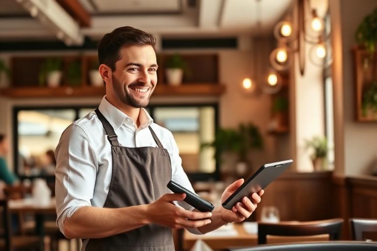 Cameriere sorridente con tablet POS in un ristorante moderno