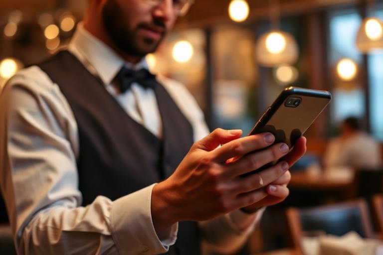 Cameriere riceve una notifica su smartphone