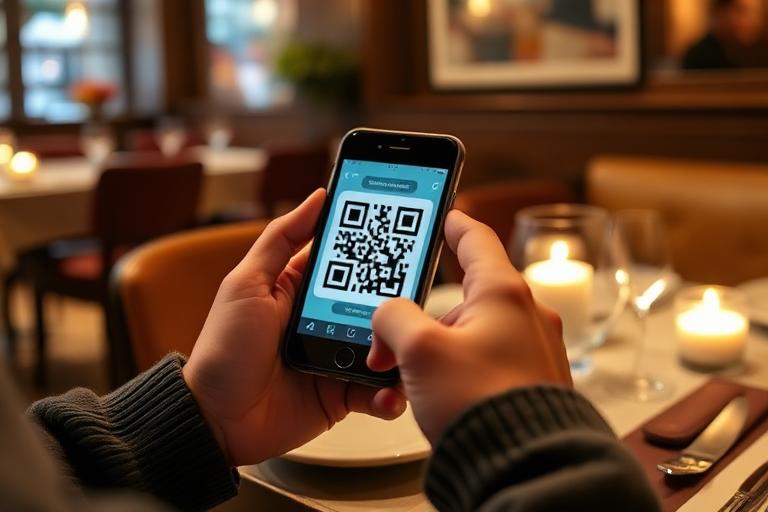 Cliente inquadra un QR code al tavolo con smartphone