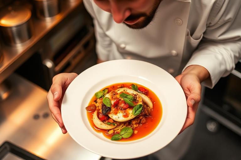 Chef impiatta un piatto gourmet in cucina professionale