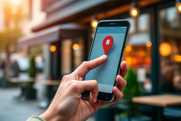 Mano con smartphone e mappa di geolocalizzazione davanti al locale