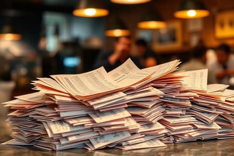 Pila disordinata di comande cartacee sul pass di un ristorante