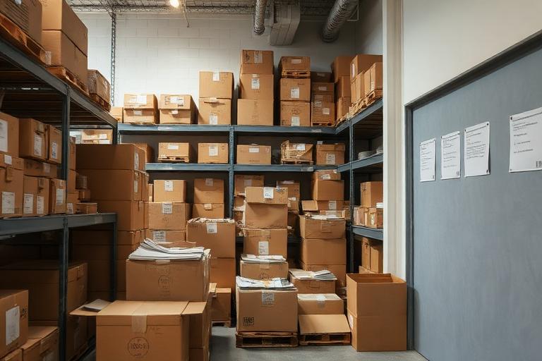 Magazzino disorganizzato con scatoloni e scaffali ingombri