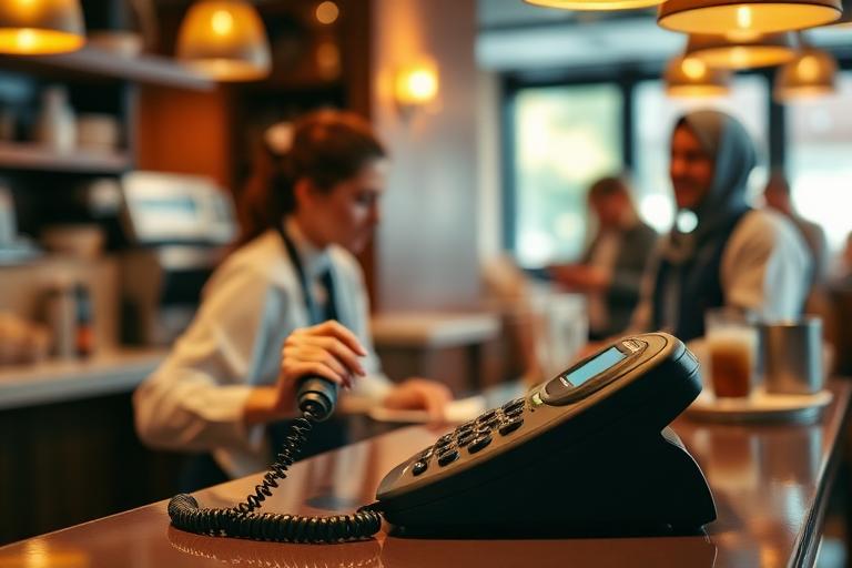 Telefono che squilla al banco di un ristorante durante il servizio