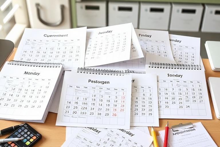 Più calendari cartacei sovrapposti su una scrivania