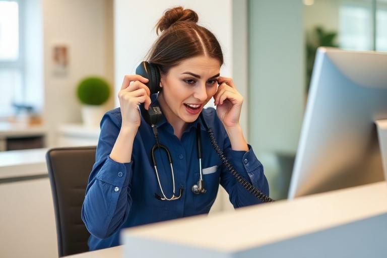 Receptionist di clinica risponde a telefono mentre lavora al computer